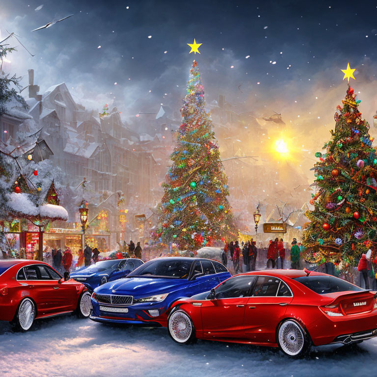 Festive Christmas scene with decorated trees, lights, shoppers, and luxury cars