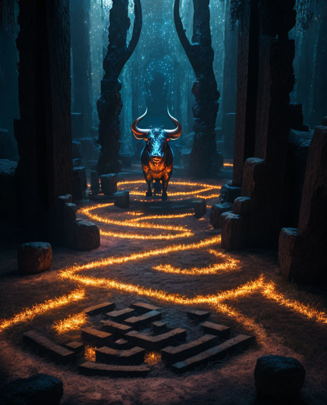 Glowing horned bull in dark forest with embers path
