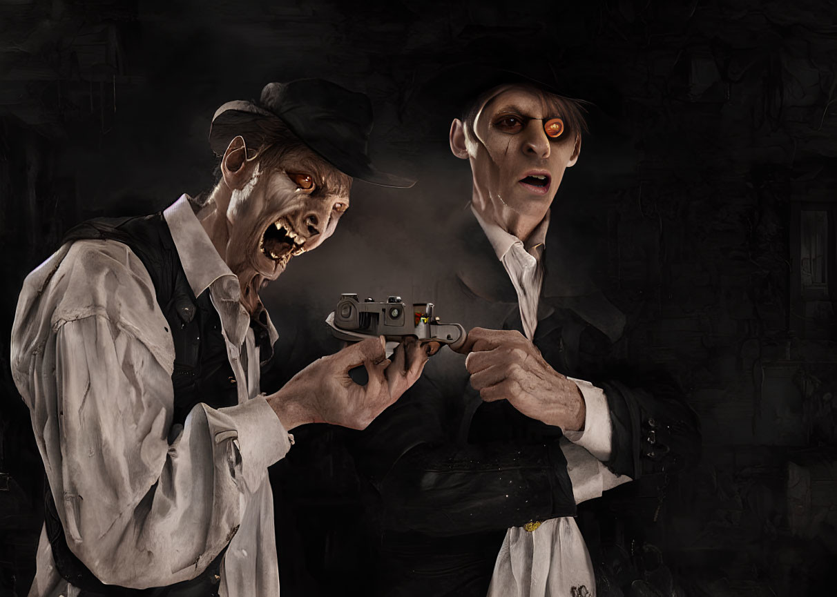 Vintage Attire Zombie-Like Characters with Revolver in Dark Setting