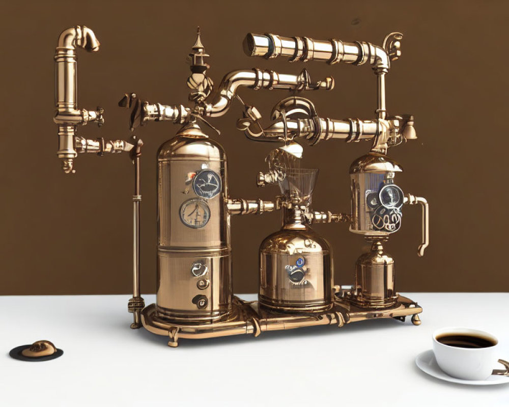 Brass Steampunk Coffee Machine with Gauges and Bowler Hat