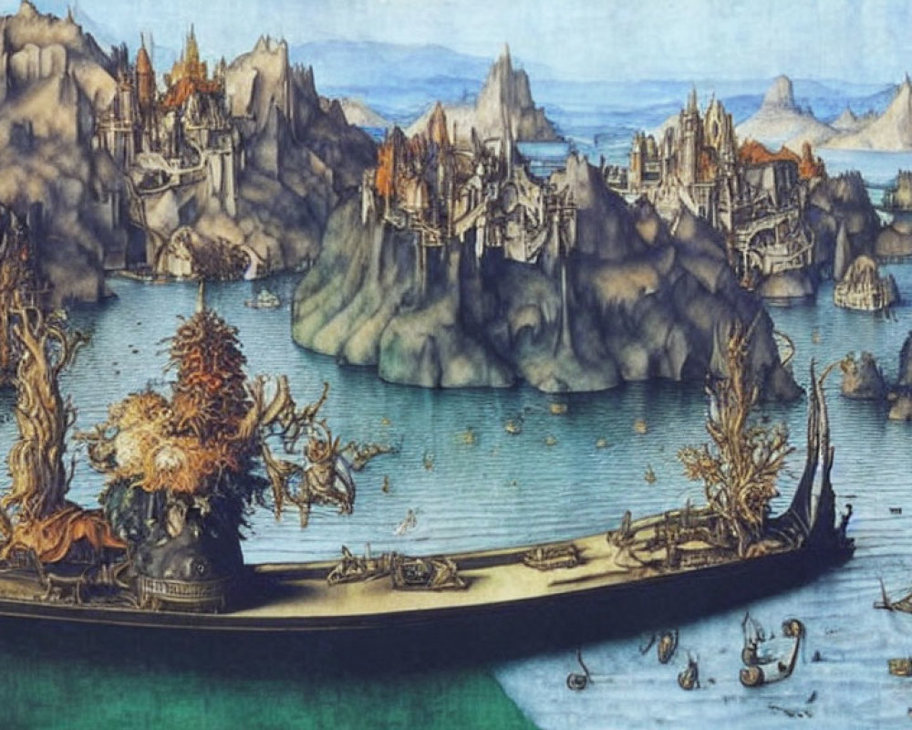 Medieval landscape with ship, buildings, and mythical creatures in surreal sea.