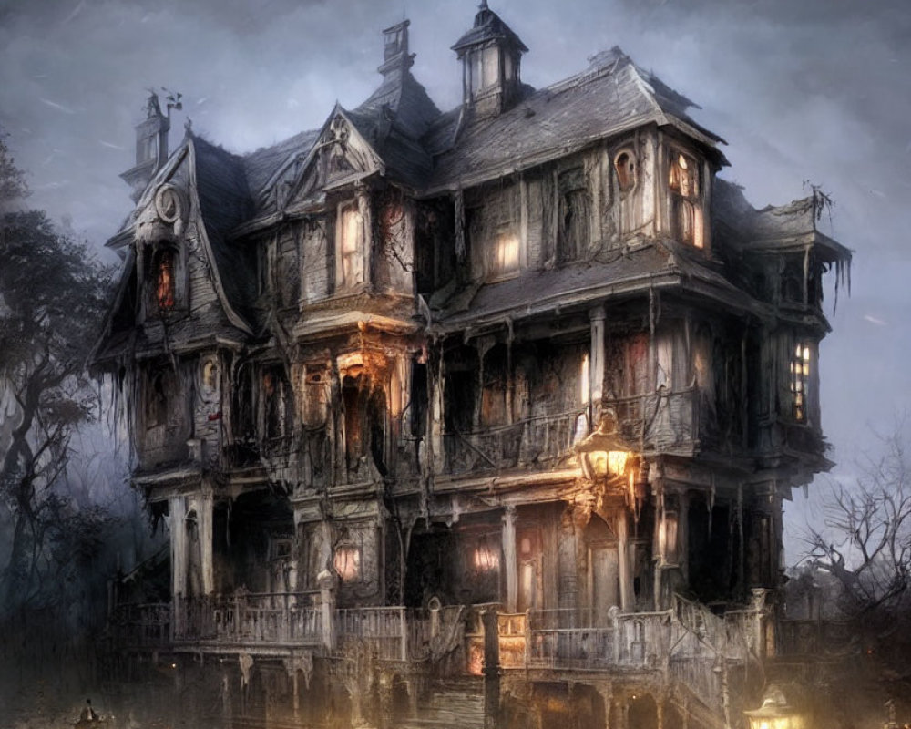 Eerie Victorian house in fog with haunting ambiance