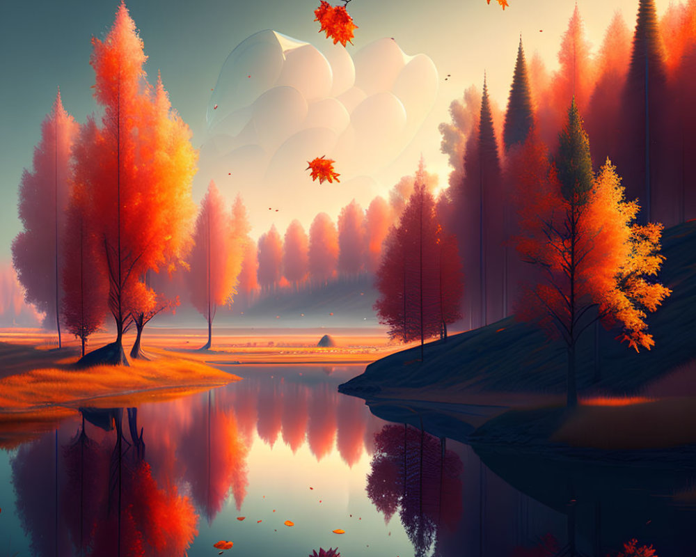 Vibrant autumn landscape: orange trees, calm lake, falling leaves, multi-mooned sky