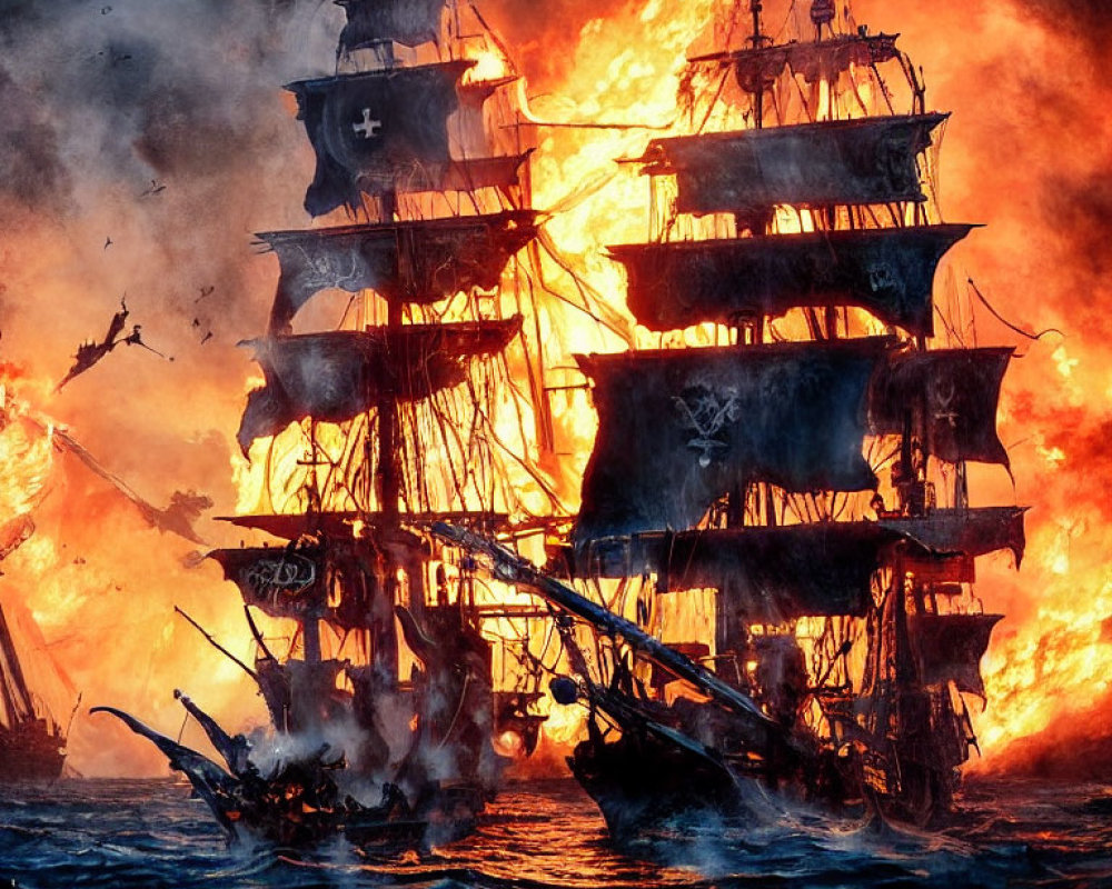Dramatic battle scene: large ships on fire at sea