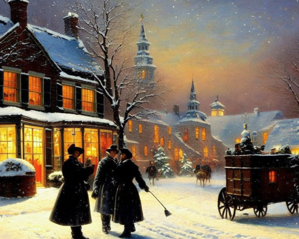 Victorian-themed snowy evening with horse-drawn carriage and lit buildings