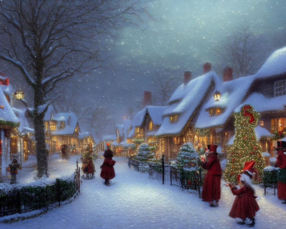 Snow-covered Christmas village street with cottages, decorations, tree, and period costumes
