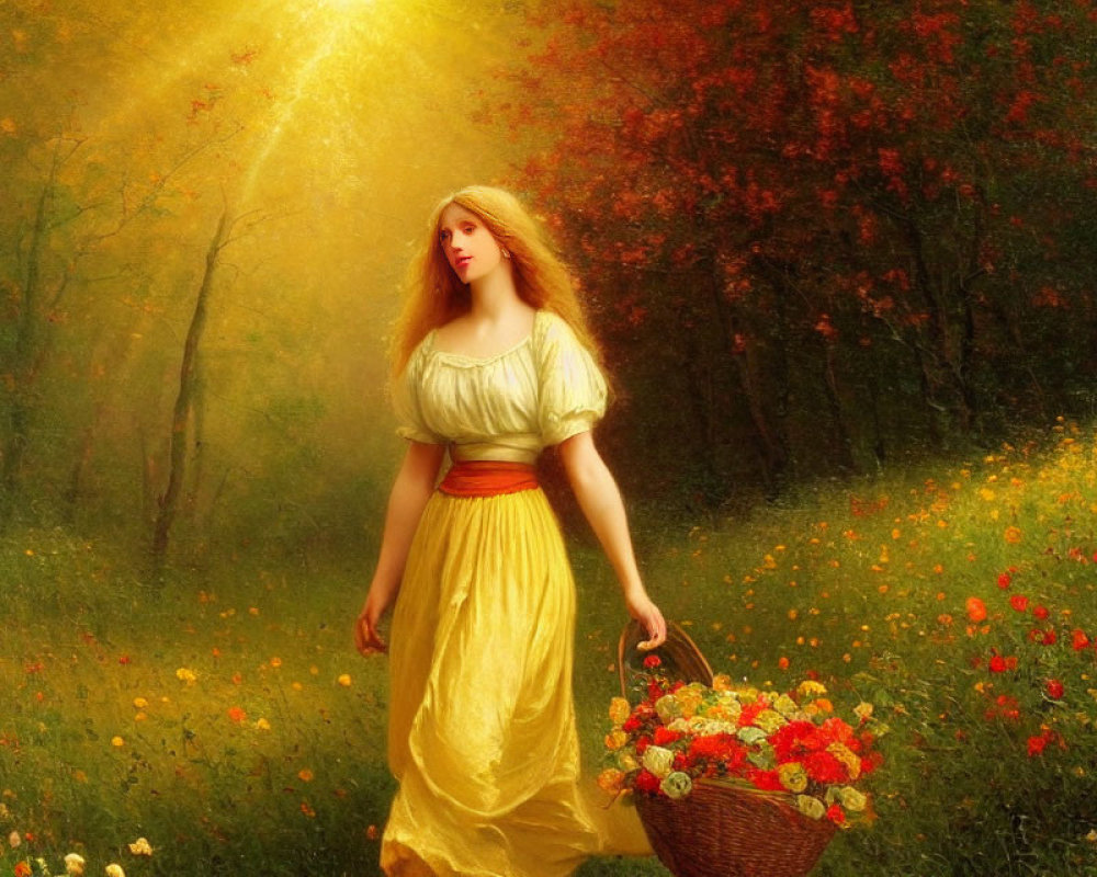 Woman in Yellow Dress with Flower Basket in Sunlit Forest Clearing