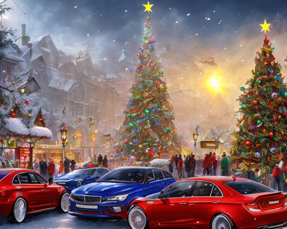 Festive Christmas scene with decorated trees, lights, shoppers, and luxury cars
