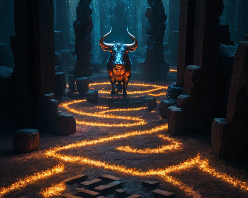 Glowing horned bull in dark forest with embers path