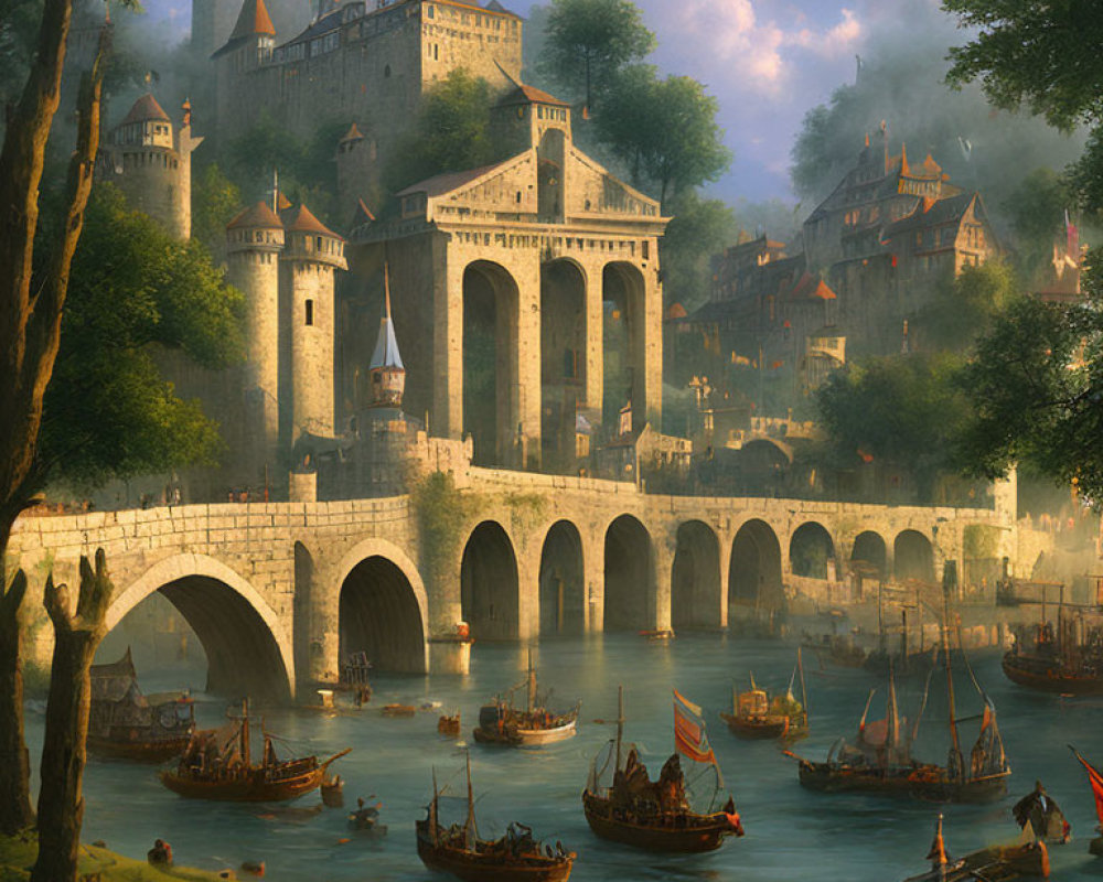 Medieval stone bridge over river with wooden boats, leading to misty hilltop castle