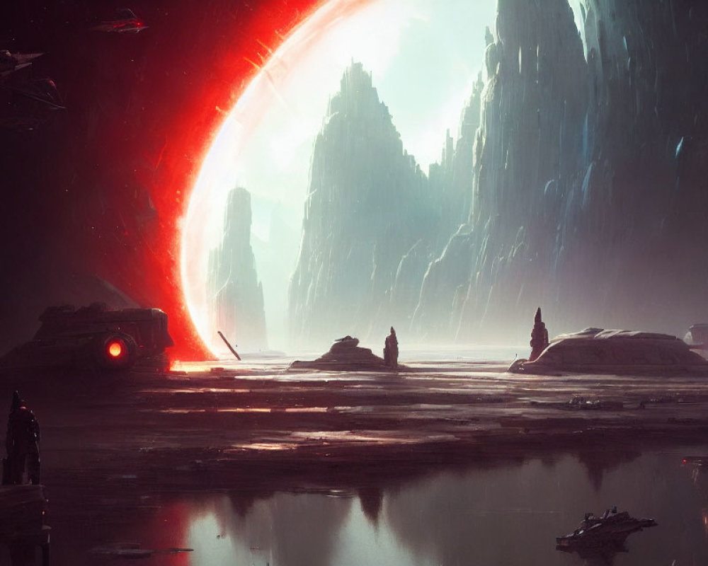 Sci-fi landscape with towering rocky structures and red beam, spaceships, figures by water under star-filled