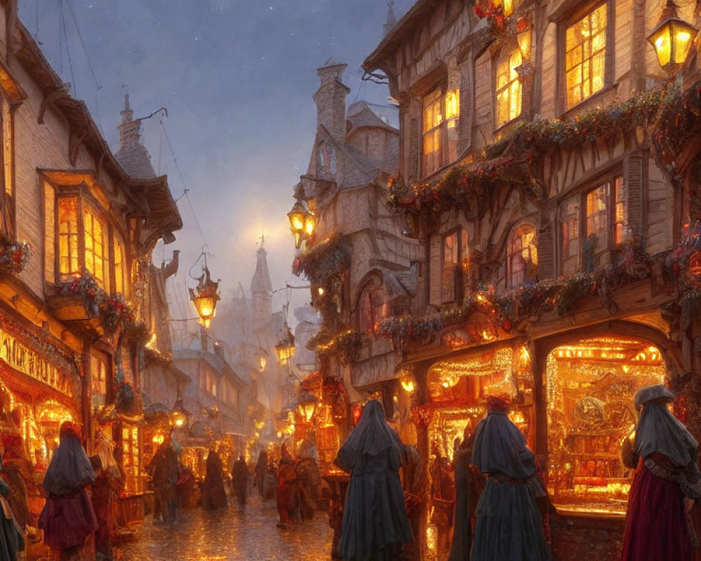 Medieval Street Market at Dusk with Warm Lights and Festive Decorations