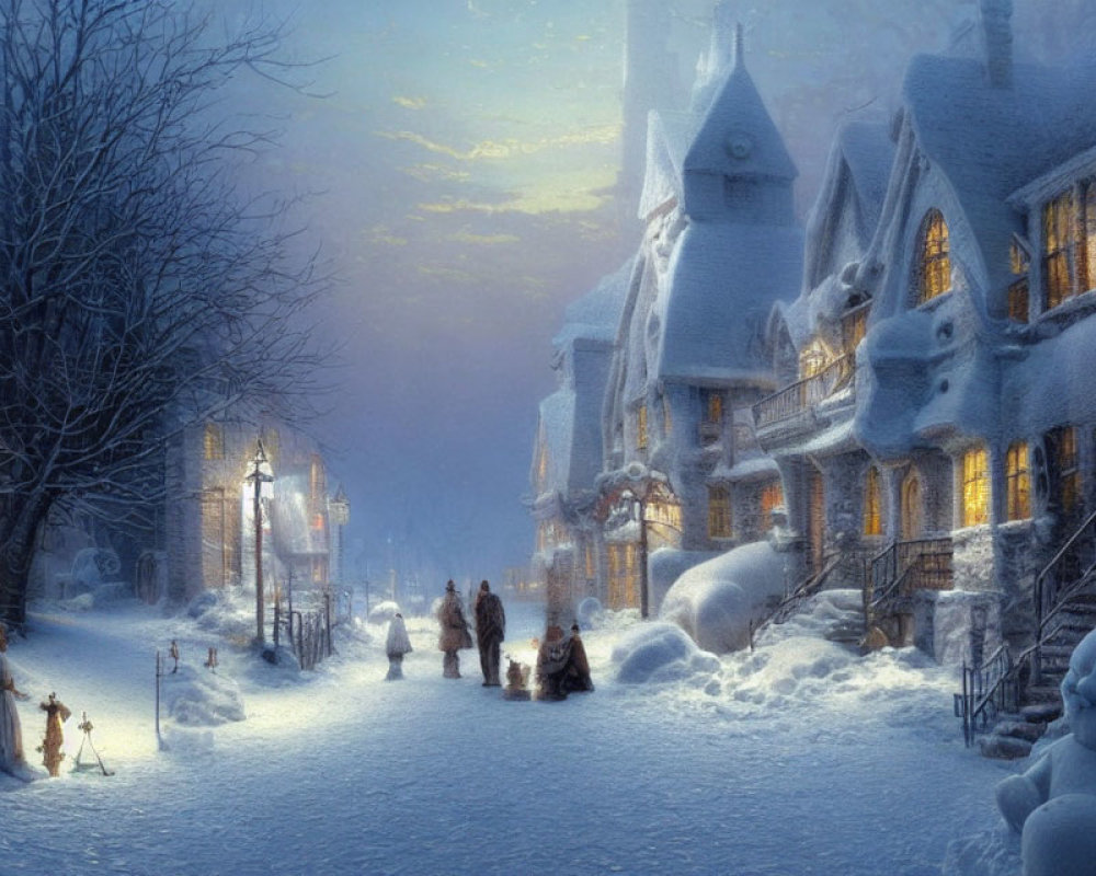 Snowy village at dusk: people walking, child by lamp post, illuminated windows, church, snow