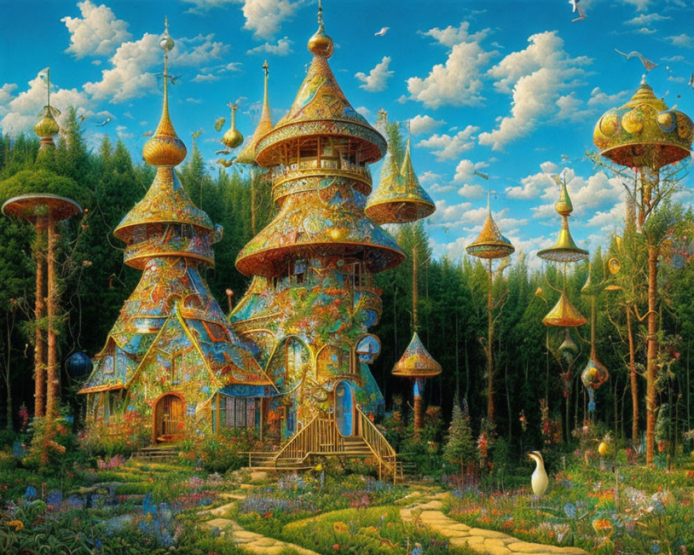 Colorful Fantasy Castle Surrounded by Gardens and Forest