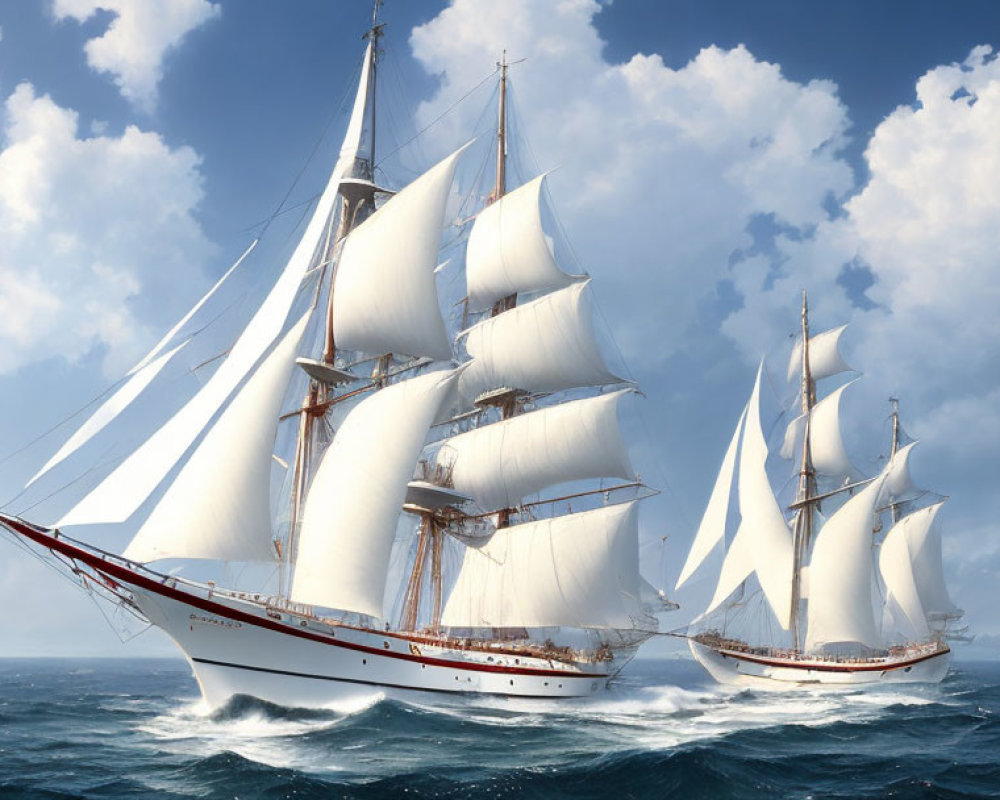 Majestic tall ships with white sails on choppy blue ocean