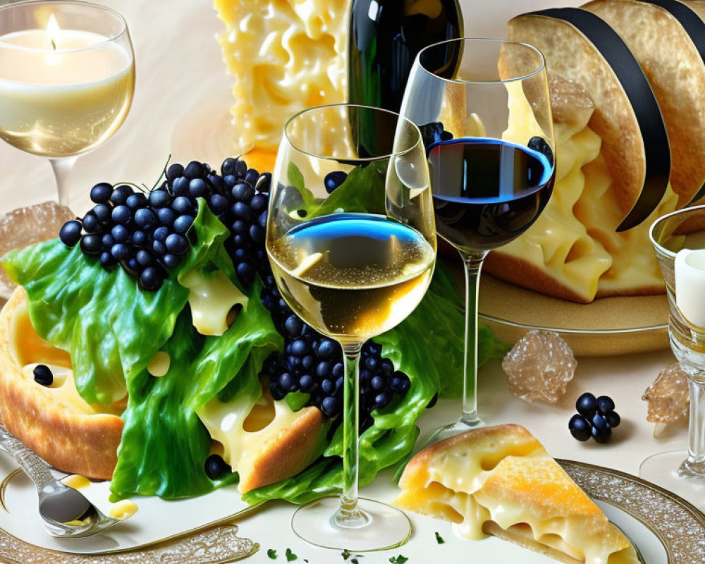 Elegant cheese and wine spread with grapes, candles, and glasses on table.