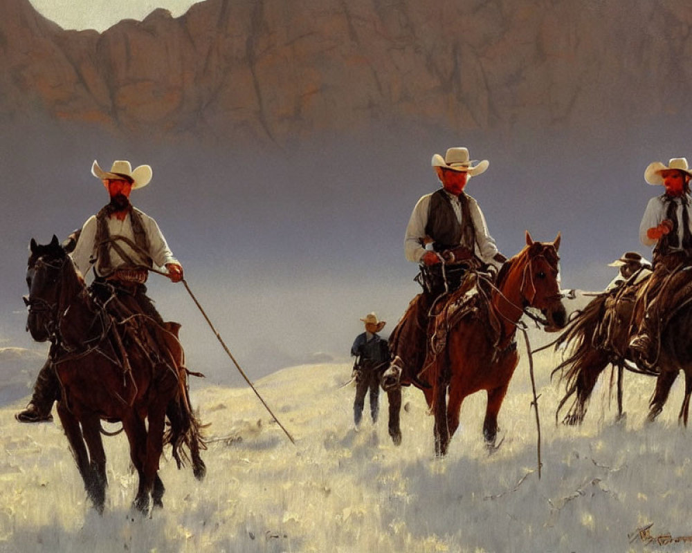 Cowboys on horseback with lassos in tall grass and mountain backdrop.