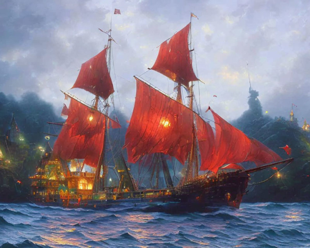 Majestic ship with glowing red sails at twilight coastline.