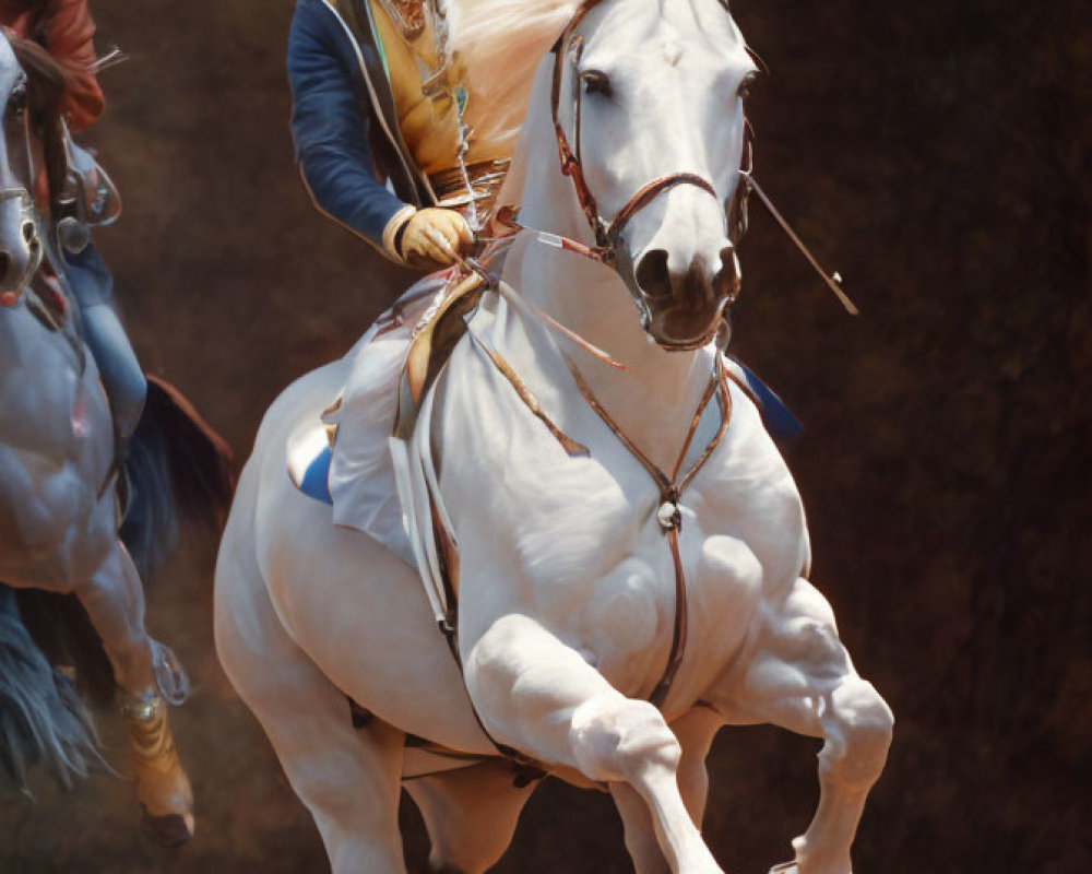 Traditional equestrian rider in wide-brimmed hat on galloping white horse.