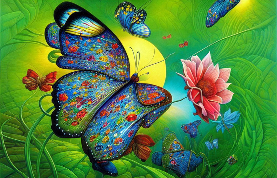 Colorful Butterfly Artwork with Intricate Patterns and Foliage