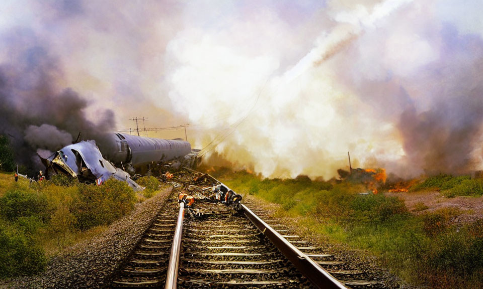 Train derailment scene with smoke, overturned carriages, and emergency response personnel.