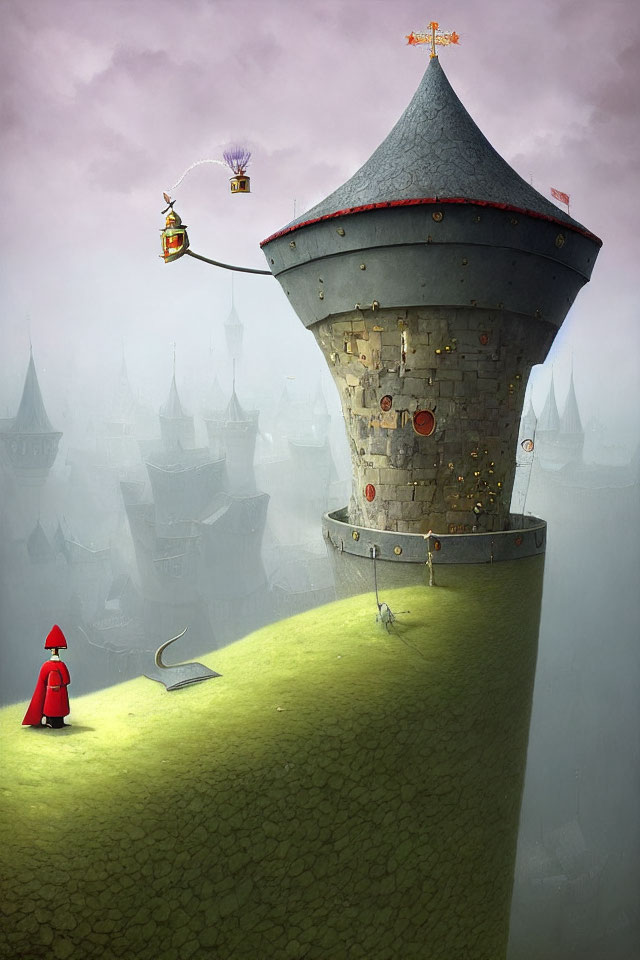 Grey stone turret, figure in red cloak, floating balloon-like structure on grassy hill.