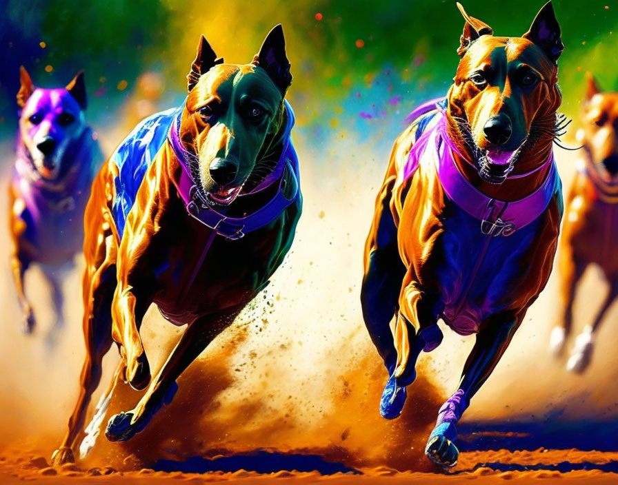 Dynamic Racing Dogs Sprinting on Dusty Track