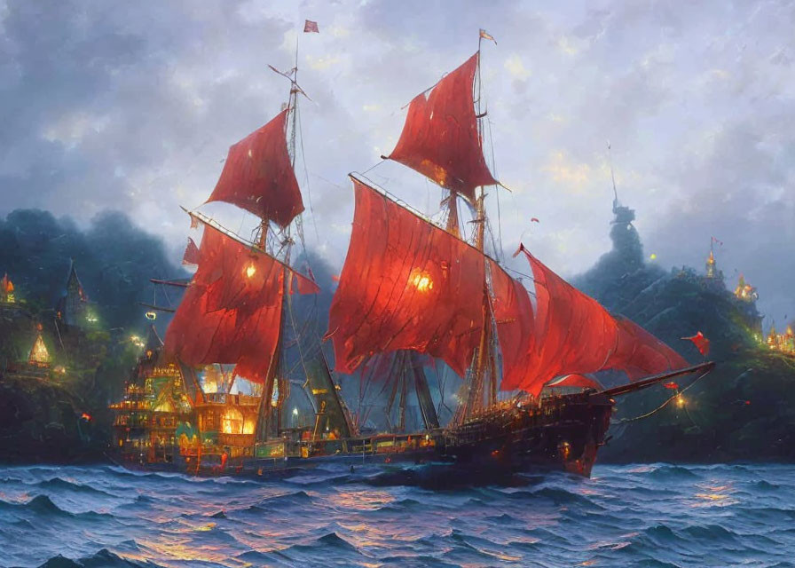 Majestic ship with glowing red sails at twilight coastline.