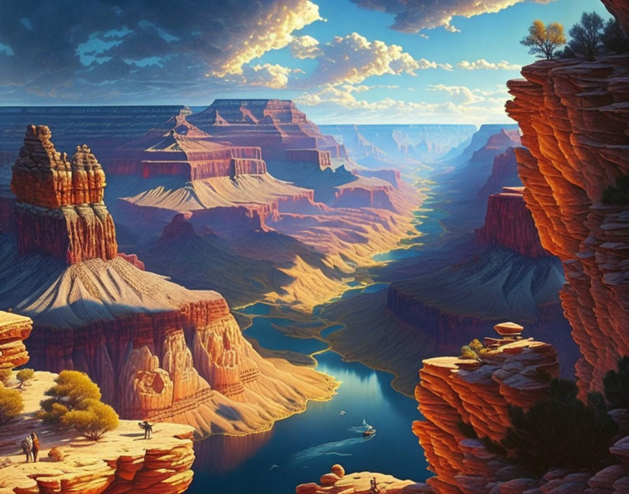 Colorful Grand Canyon painting with intricate rock formations and river under clear blue skies
