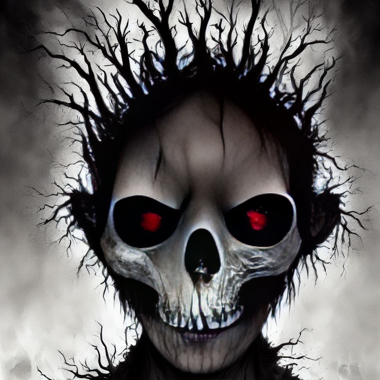 Skull-like face with red glowing eyes and tree branch-like structures
