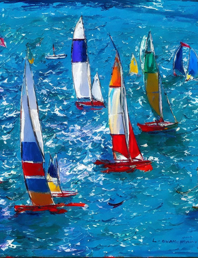 Vibrant Impressionistic Painting of Colorful Sailboats Racing on Blue Sea