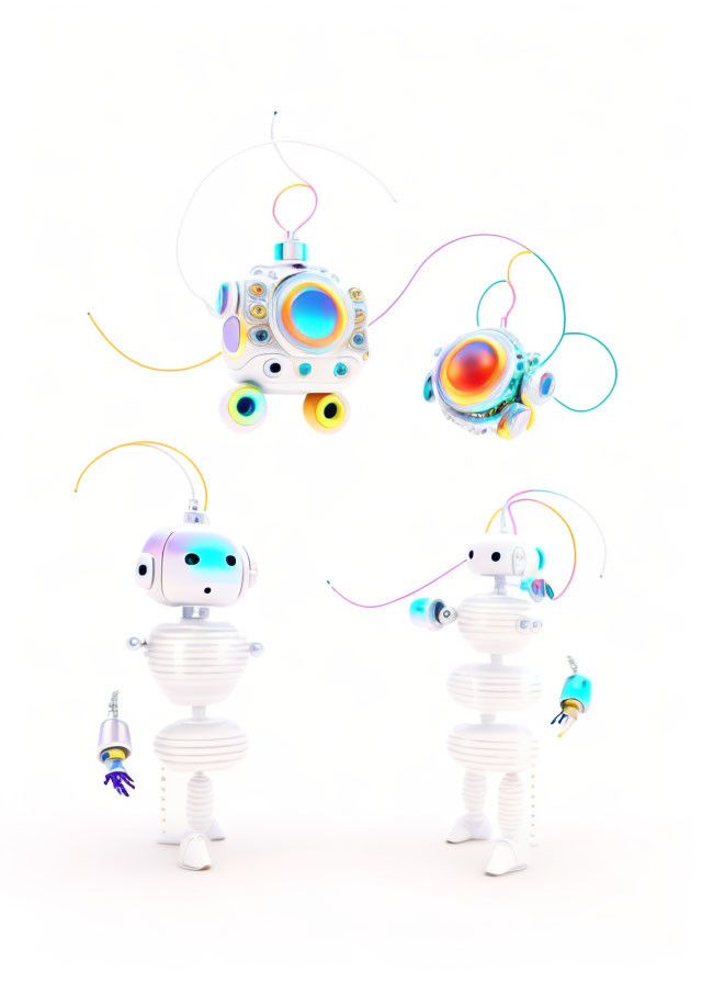 Futuristic white robots with antennaes and colorful wires holding a galaxy sphere.