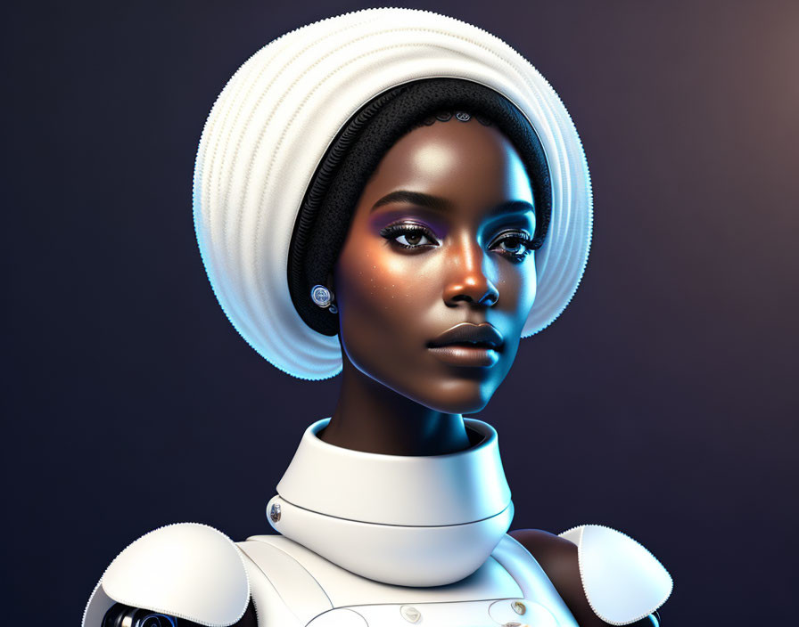 Female android wearing a turban and white clothes