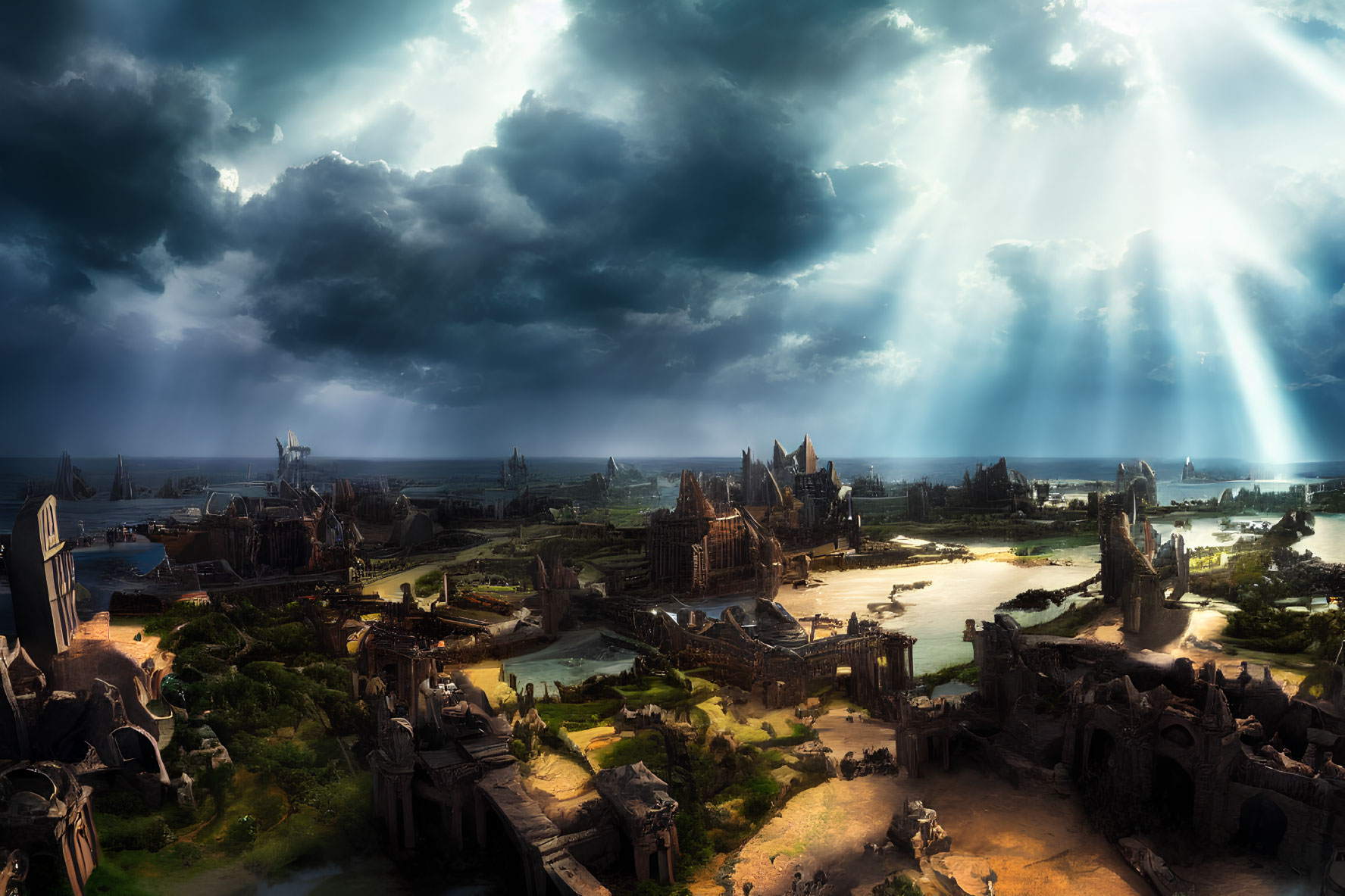 Sunlight illuminates fantasy landscape with medieval buildings and statues