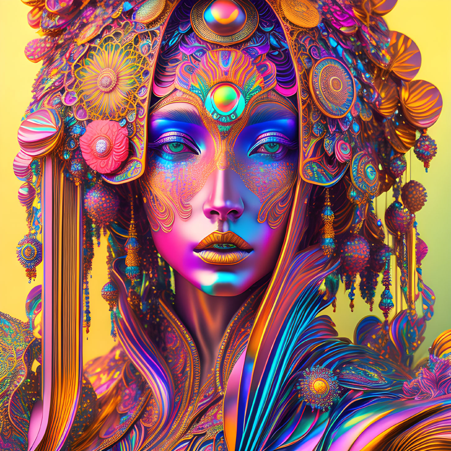 Colorful digital artwork of female figure with intricate patterns and mystical aura
