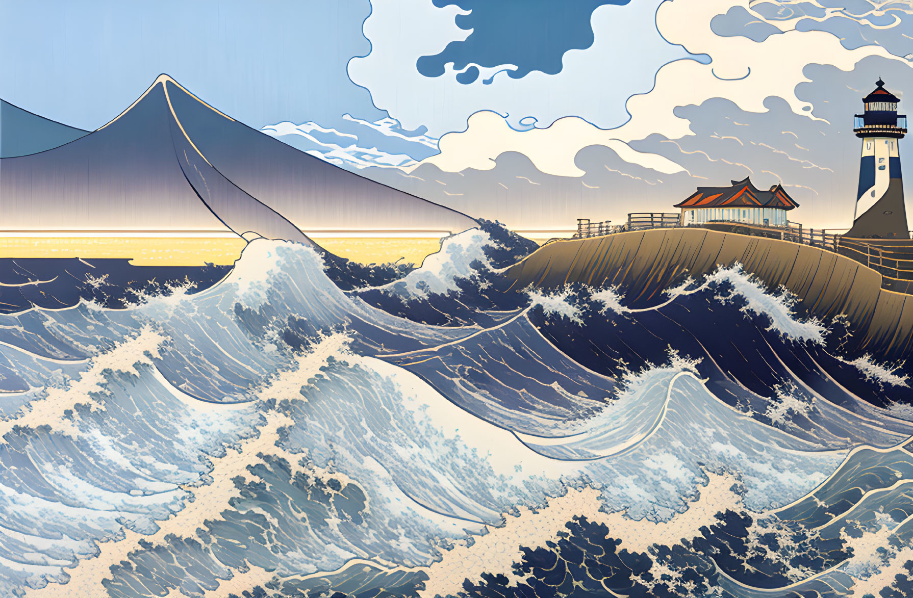 Illustration of stylized waves with lighthouse, pier, and mountain under cloudy sky