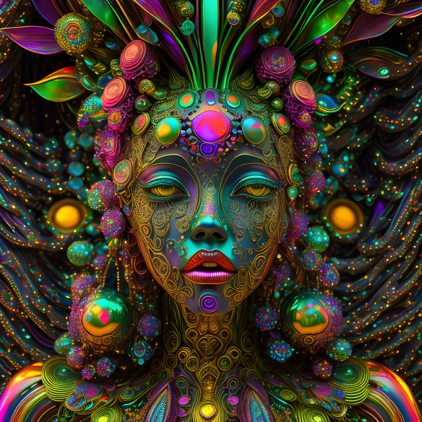 Colorful digital portrait of female figure with jewels, feathers, and intricate patterns