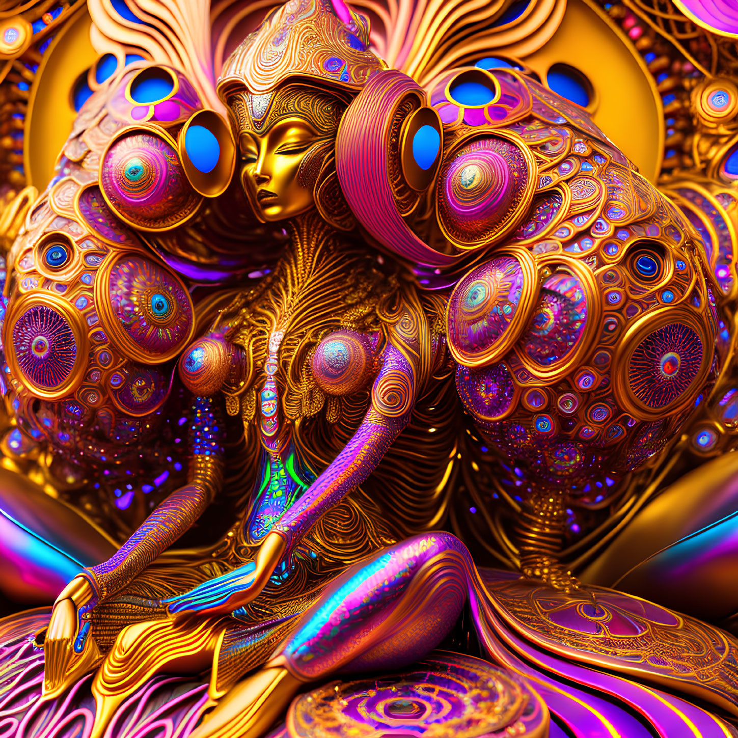 Colorful digital artwork: Golden humanoid with intricate patterns and peacock feather-like details in vibrant, textured