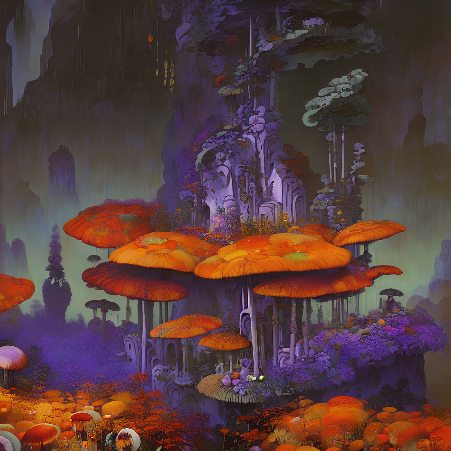 Fantastical landscape with towering orange mushrooms and purple foliage under a violet sky