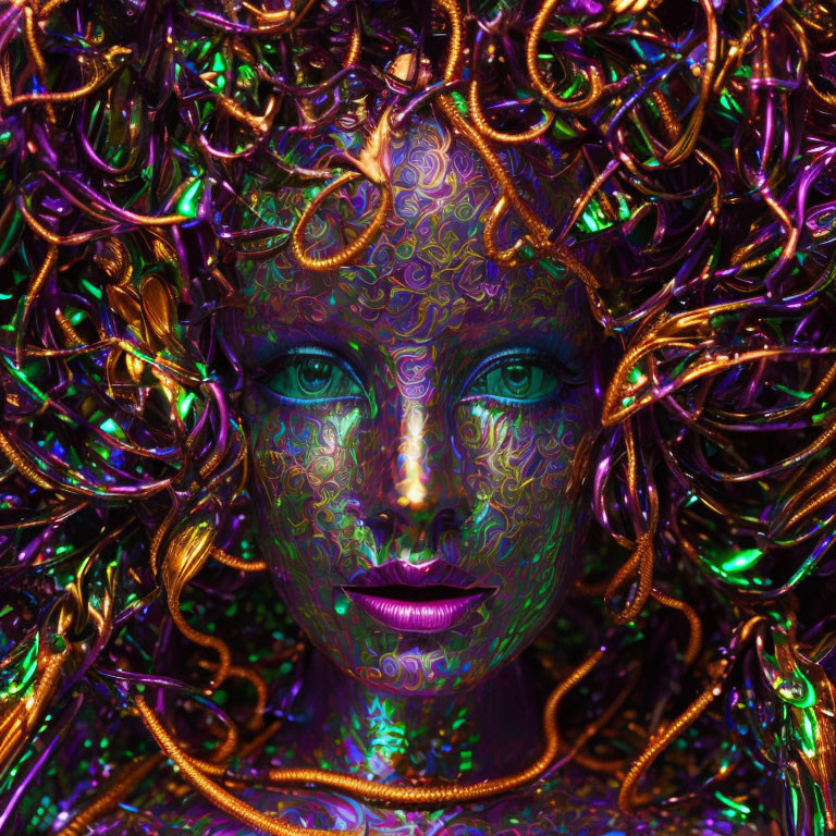 Colorful portrait with intricate patterns and golden curls on a figure against metallic backdrop
