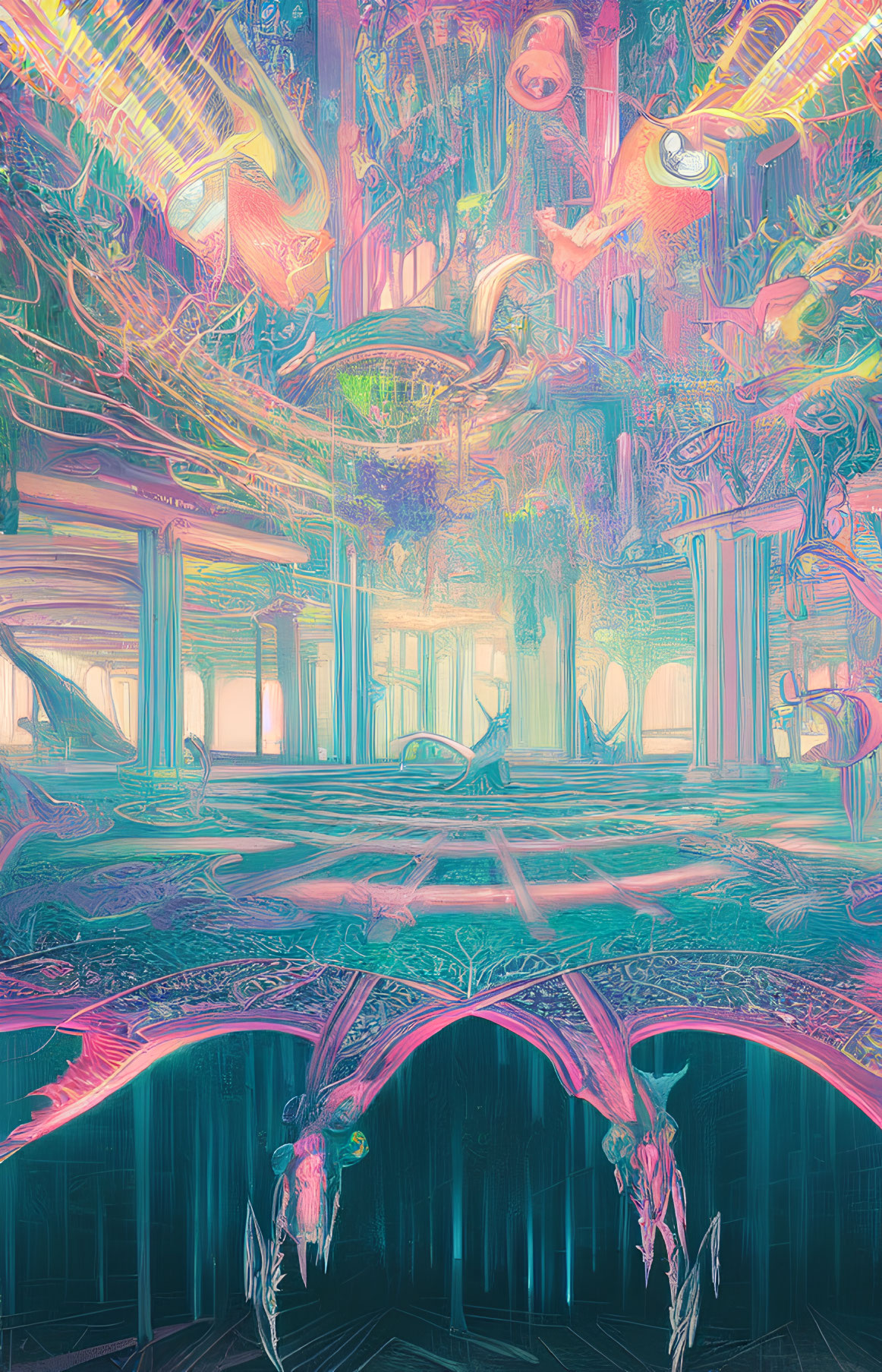 Colorful Psychedelic Art: Classical Architecture with Surreal Flamingo Motif