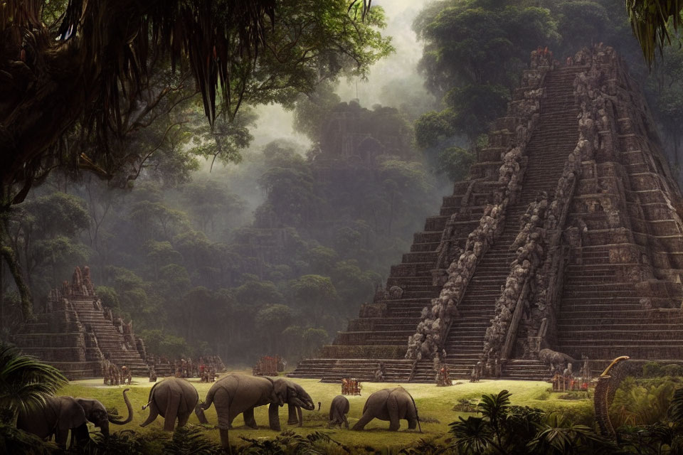 Mystical jungle scene with elephants and ancient step pyramid in fog