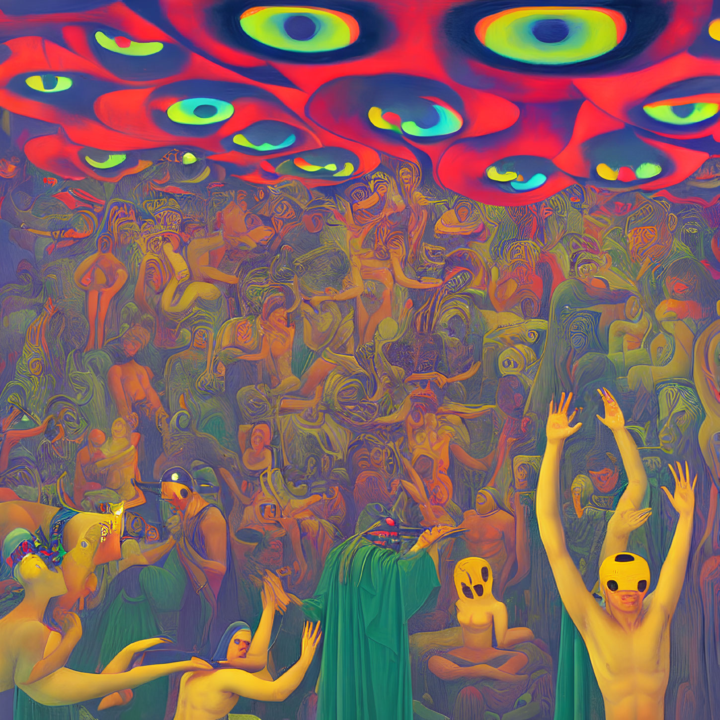 Colorful surreal painting: human figures in masks among many eyes