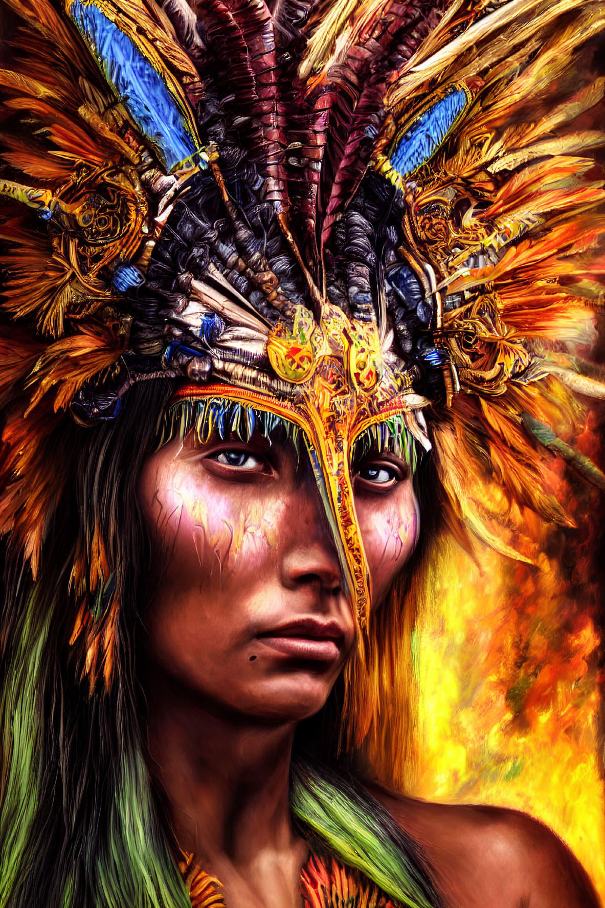 Intense gaze and colorful feathered headdress with tribal facial paint