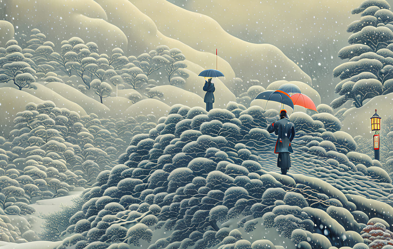 Snow-covered hills and falling snowflakes scene with two people holding umbrellas and a glowing lantern.