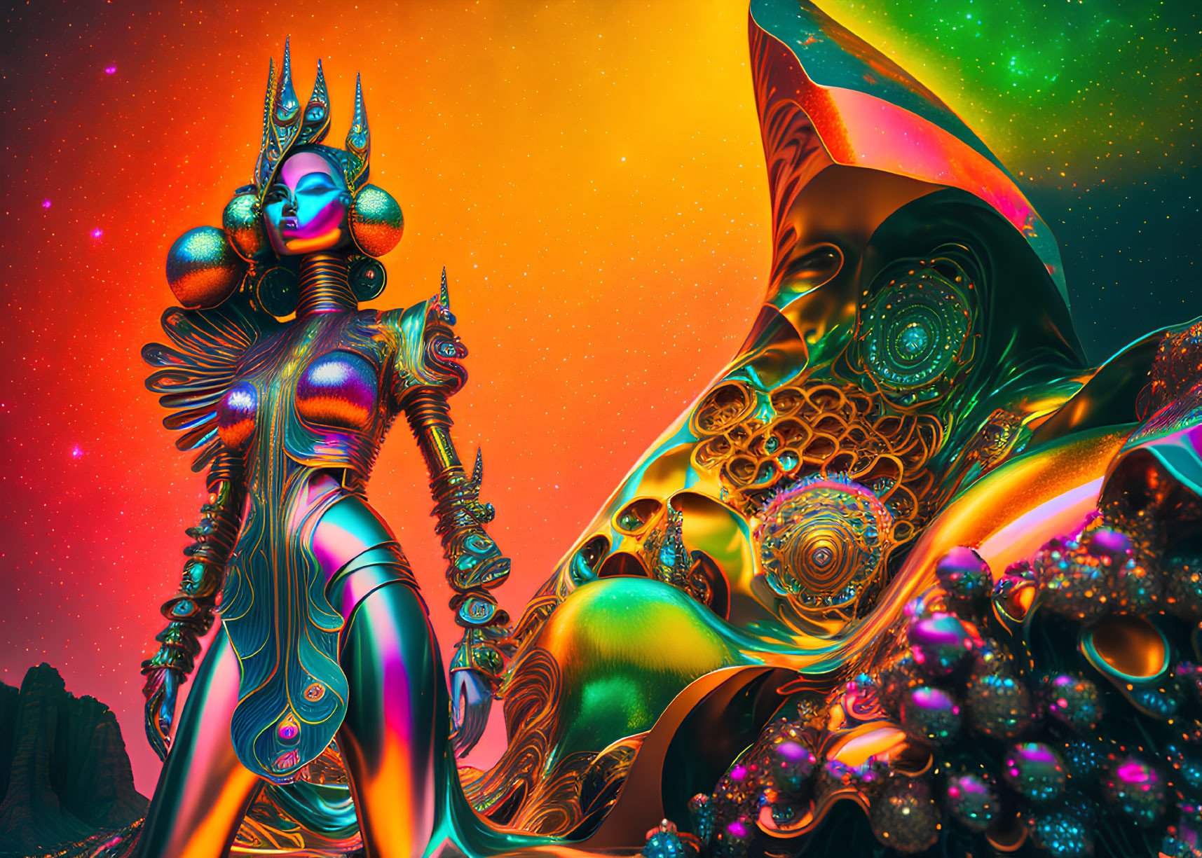 Colorful futuristic digital art of armored female figure in surreal landscape