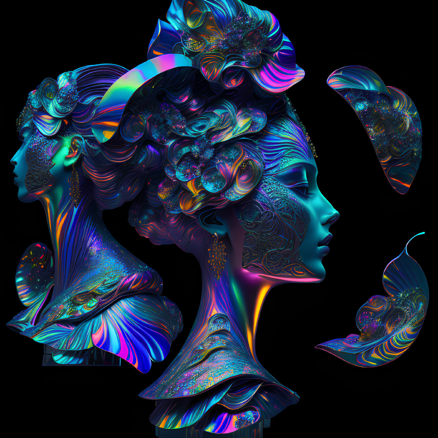 Digital Art: Three Profile Views of Woman with Iridescent Patterns and Butterflies