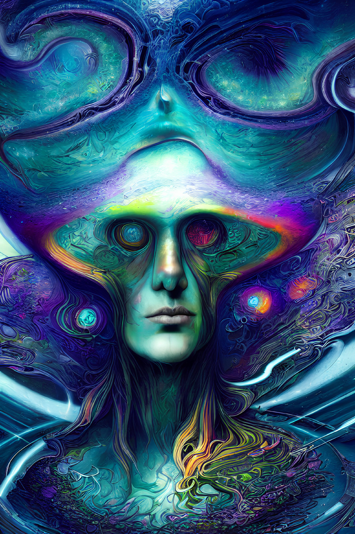 Vivid Psychedelic Digital Artwork: Abstract Human Face with Cosmic Patterns