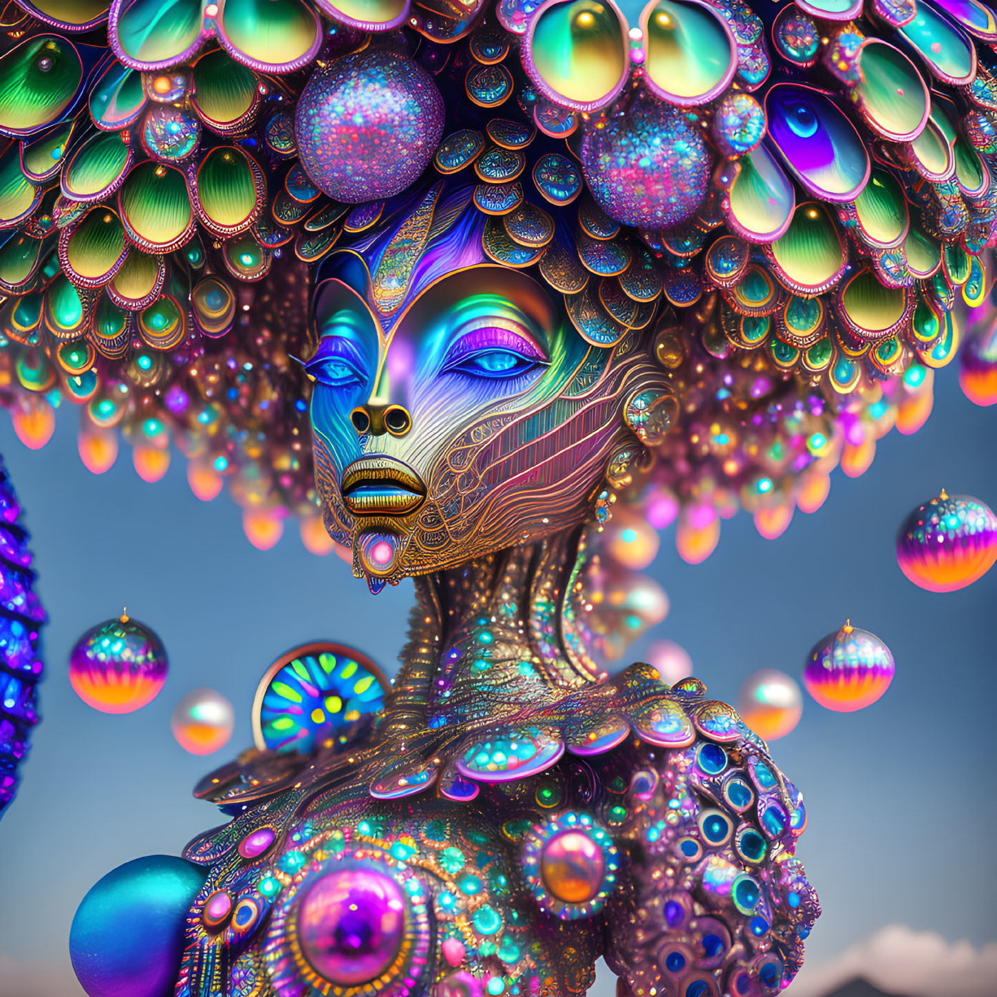 Vibrant futuristic female figure with iridescent headpiece and metallic blue skin