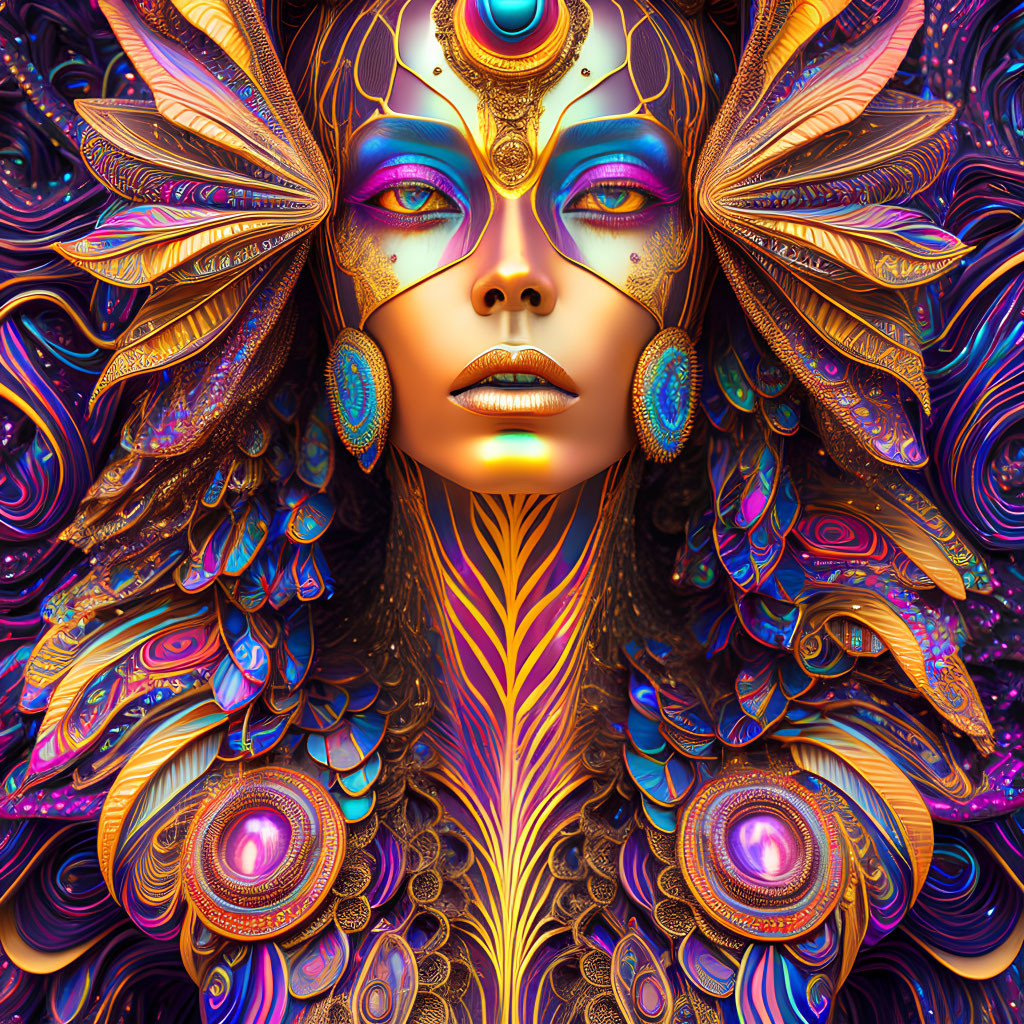 Colorful Digital Art: Female Figure with Elaborate Peacock Feather Headdress